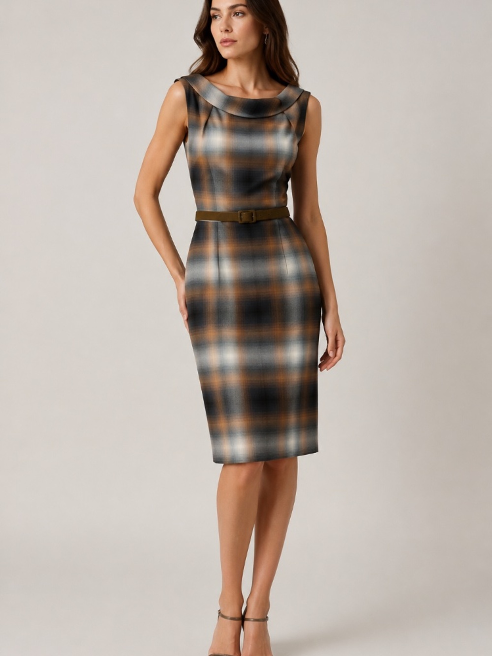 David Meister  Brown Gray Taupe Plaid Belted Career Dress Fully Lined Size 12